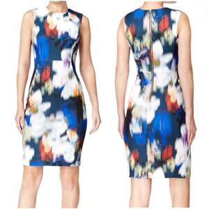 CALVIN KLEIN Blue Blurred Floral Sleeveless Scuba Sheath Dress Women’s Size 10